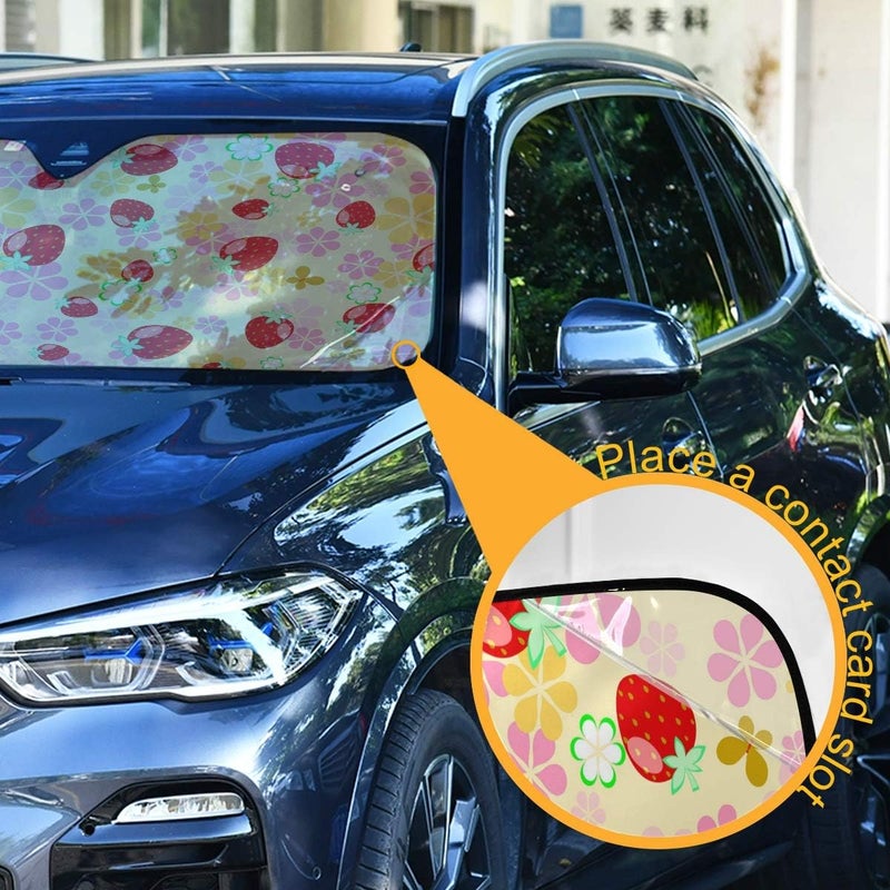 Oarencol Cute Strawberry Car Windshield Sun Shade Butterfly Flower Pink Floral Foldable UV Ray Sun Visor Protector Sunshade to Keep Your Vehicle Cool (55" x 27.6") - Image 3