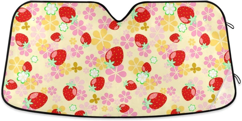 Oarencol Cute Strawberry Car Windshield Sun Shade Butterfly Flower Pink Floral Foldable UV Ray Sun Visor Protector Sunshade to Keep Your Vehicle Cool (55" x 27.6") - Image 1