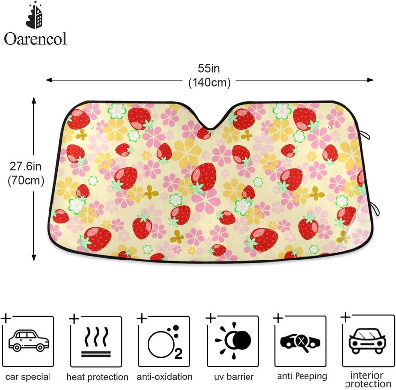 Oarencol Cute Strawberry Car Windshield Sun Shade Butterfly Flower Pink Floral Foldable UV Ray Sun Visor Protector Sunshade to Keep Your Vehicle Cool (55" x 27.6") - Image 2