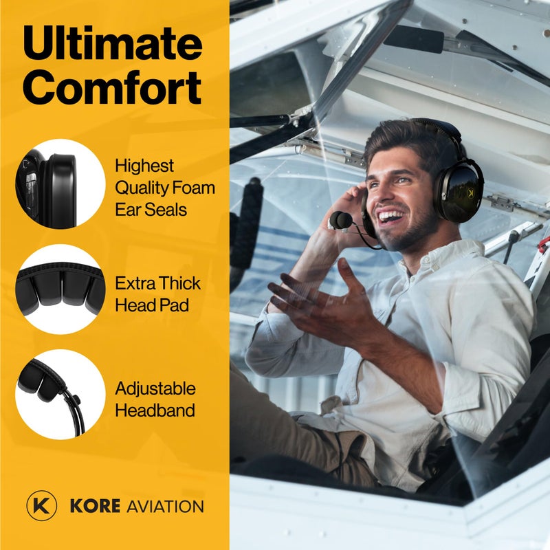 KORE AVIATION سماعة رأس طيار P1 للطلاب ومدارس الطيران ومدربي الطيران مع ميزات تصنيف PNR 24 ديسيبل، ميكروفون لإلغاء الضوضاء، أكواب أذن من رغوة صوتية، مدخل AUX مع قابسين مزدوجين GA - Image 3
