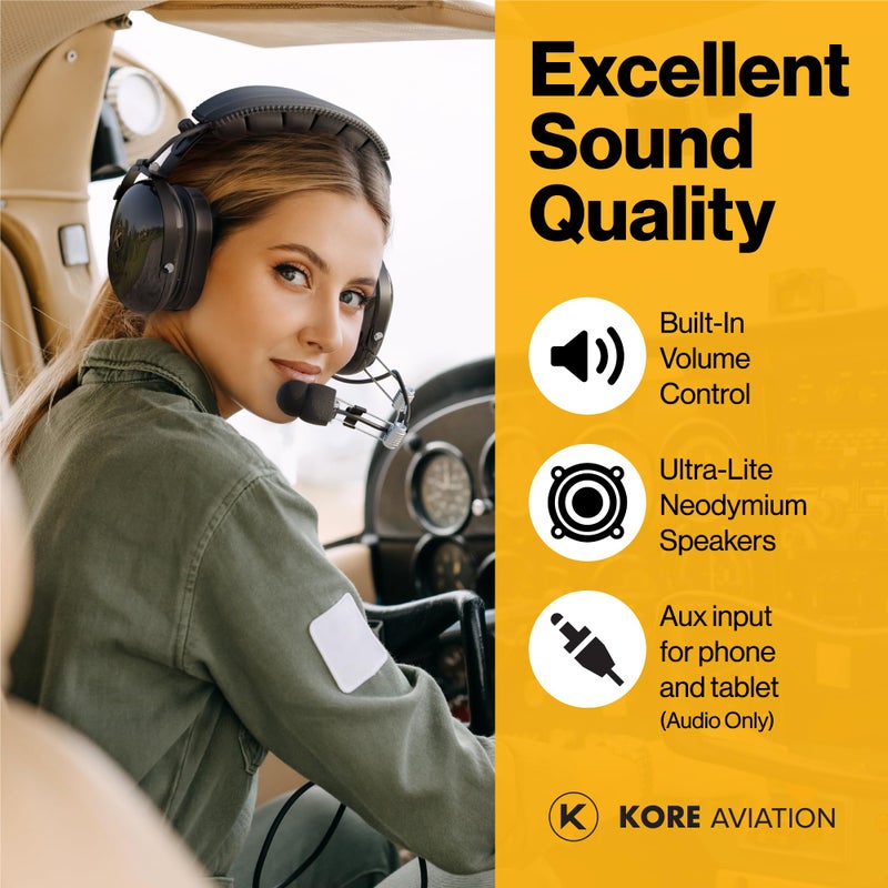 KORE AVIATION سماعة رأس طيار P1 للطلاب ومدارس الطيران ومدربي الطيران مع ميزات تصنيف PNR 24 ديسيبل، ميكروفون لإلغاء الضوضاء، أكواب أذن من رغوة صوتية، مدخل AUX مع قابسين مزدوجين GA - Image 5