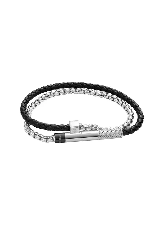 بوليس POLICE - Blend Bracelet for Men Stainless Steel with Black Leather & Chain - PEAGB0011501