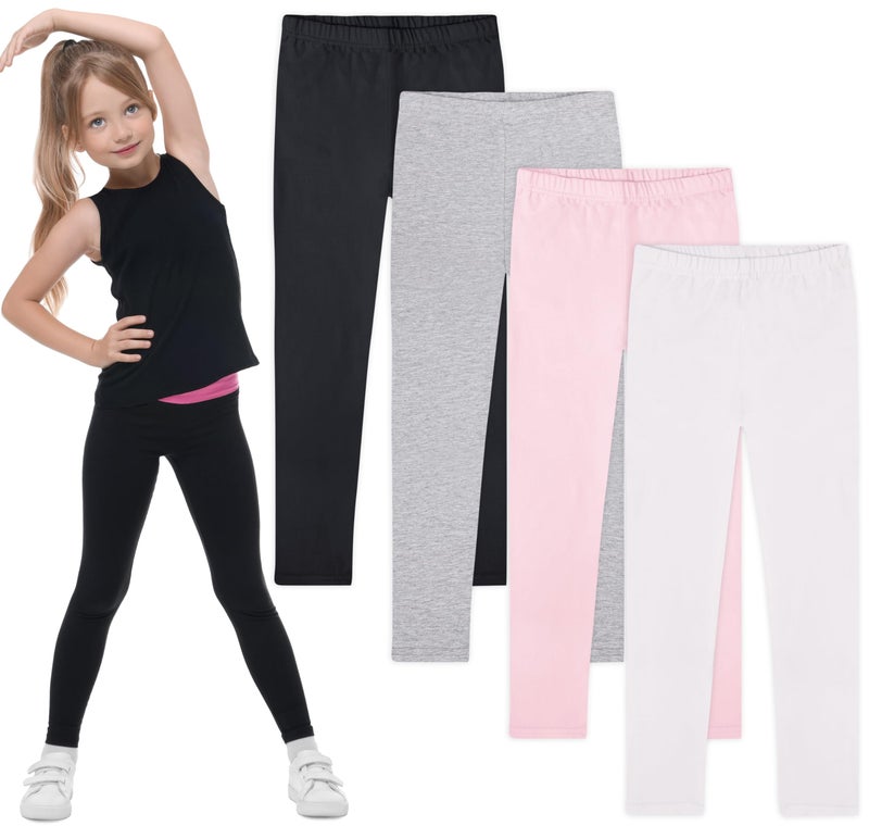 FEQO 4 Pack Girls Cotton Leggings Pants Full Length Basic Leggings Stretchy Legging Footless Tight Pants,6-7 Years(Black, Gray, Pink, White) - Image 1