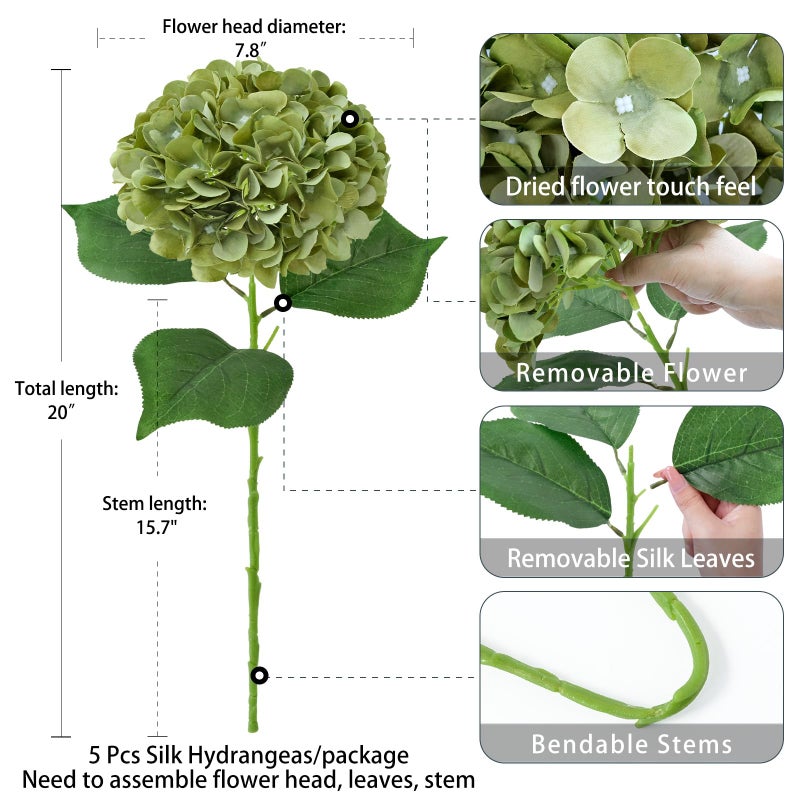 ZYTUYO 5 Pcs Silk Green Hydrangea Artificial Flowers - 20'' Faux Hydrangeas for Spring Indoor/Outdoor Home Decor & Wedding Arrangement - Image 4