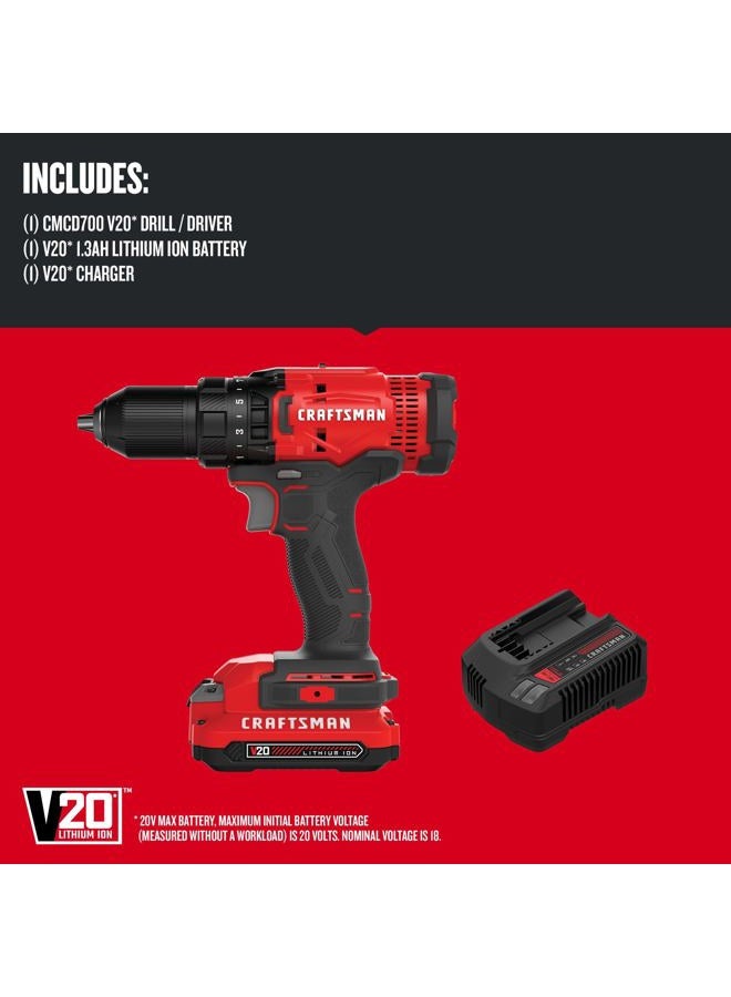 CRAFTSMAN V20 Cordless Drill/Driver Kit, 1/2 inch, Battery and Charger Included (CMCD700C1) - Image 2