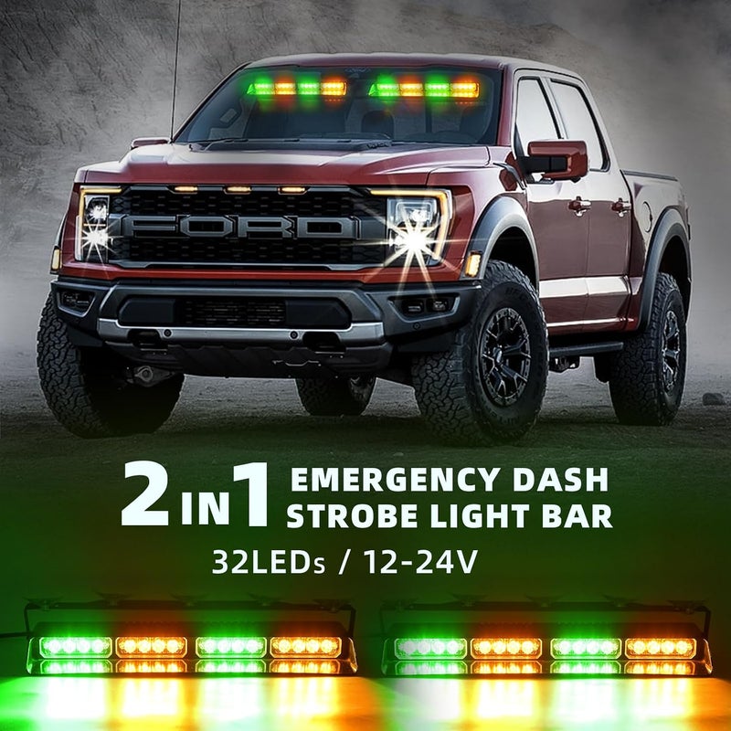 PKINGLAKE 2 in 1 LED Emergency Dash Strobe Light Bar Front/Rear Windshield Safety Flashing Warning Hazard Interior Lights for Police Firefighter Construction Vehicles Trucks (2x14 inch, Amber/Green) - Image 2
