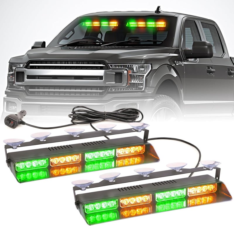 PKINGLAKE 2 in 1 LED Emergency Dash Strobe Light Bar Front/Rear Windshield Safety Flashing Warning Hazard Interior Lights for Police Firefighter Construction Vehicles Trucks (2x14 inch, Amber/Green) - Image 1