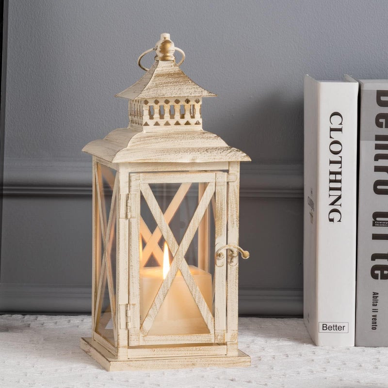 DECORKEY Lantern Decorative Indoor  OutdoorLarge Square Hanging Spring Home Decor Vintage Metal Decorative Candle Lanterns for Outdoor Patio Wedding Party Beige with Copper Brush