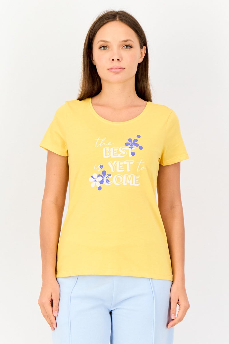 zivame Women Crew Neck Graphic Print Short Sleeve Sleepwear Top, Yellow - Image 1