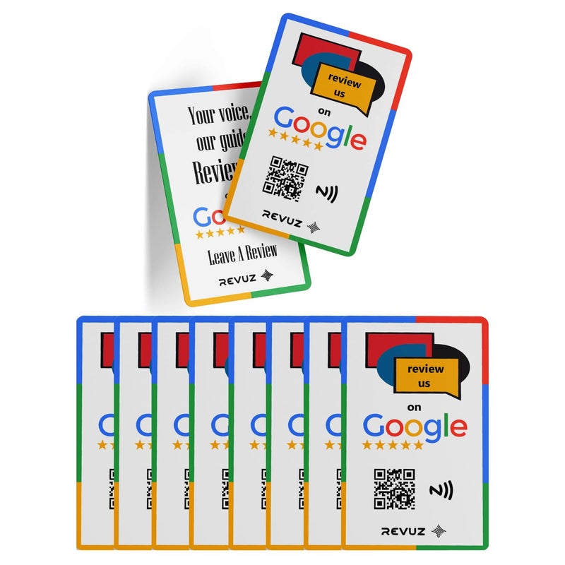 REVUZ بطاقة مراجعة جوجل - مزودة بشريحة NFC ورمز QR، تفعيل فوري مع رابط صفحة عملك، انقر أو امسح للوصول (85.6 مم × 54 مم، أبيض، 8) - Image 1