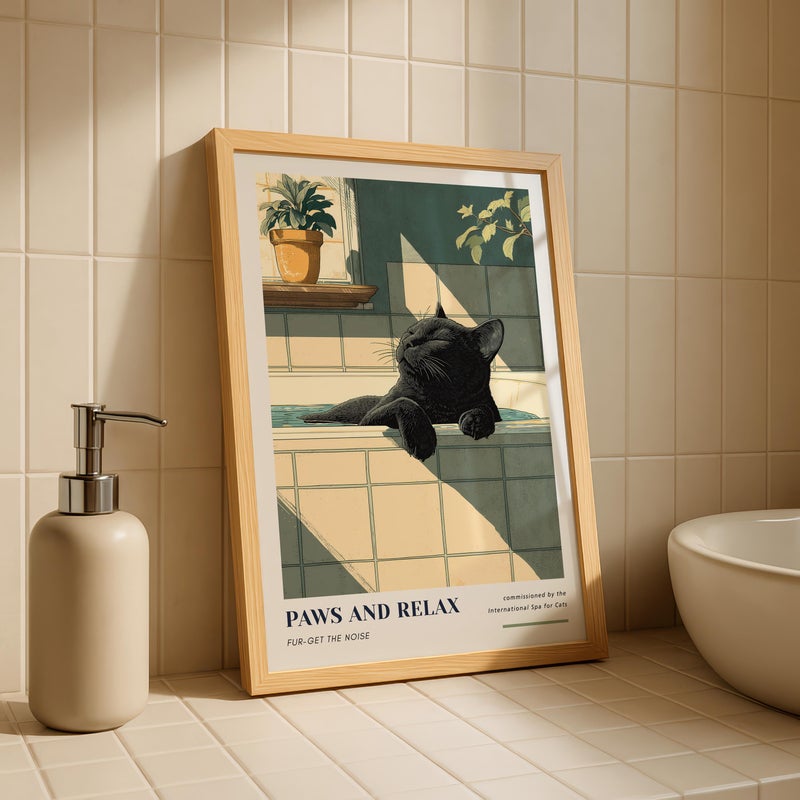 TNESSENTIAL Black Cat Relaxing in Bathtub Wall Art - “Paws and Relax” Bathroom Poster. Cat Wall Art, Spa Bathroom Decor, Cat Lovers Gift, Dopamine Decor - Image 3