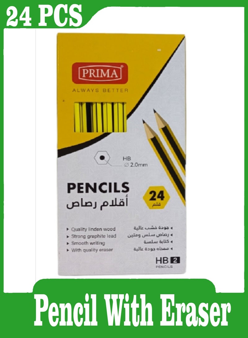 PRIMA Pack Of 24 Piece Premium Quality HB2 Pencil With Eraser