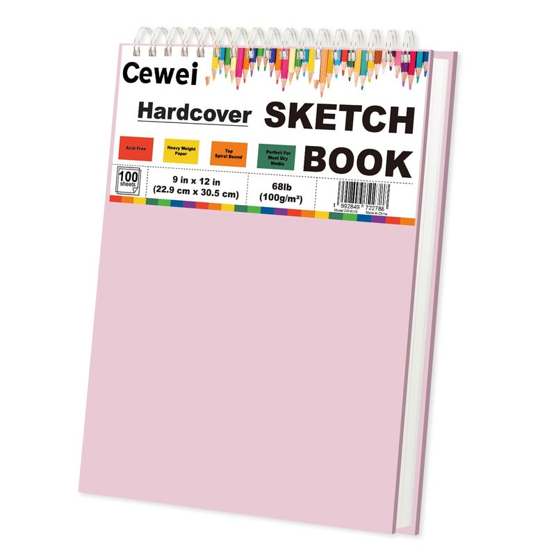 Cewei 9"x12" Sketchbook Pink, 1 Pack-100 Sheets Cute Sketchbook for Girls, 68lb/100gsm Pink Sketch Book, Spiral Drawing Pad, Art Supplies for 9-12 Girls. - Image 1