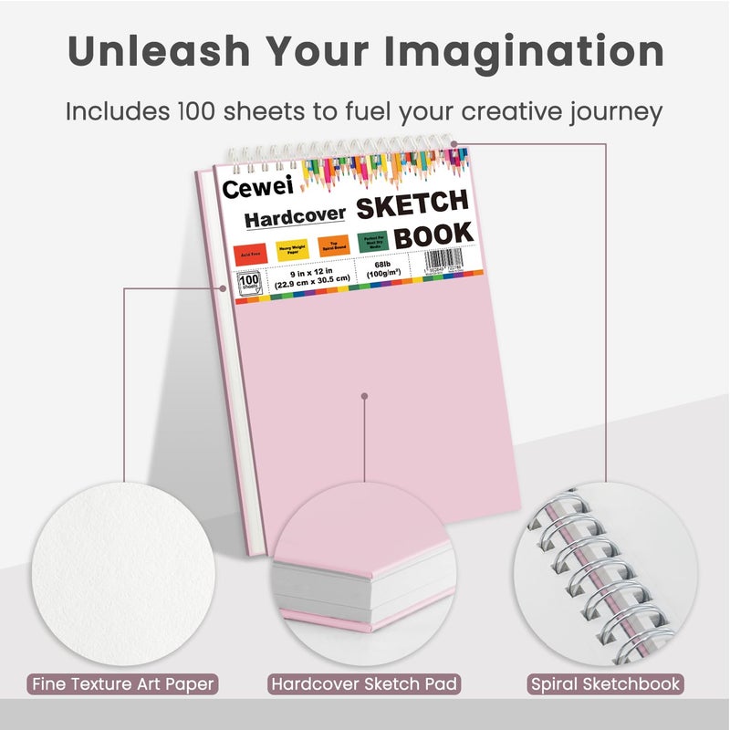 Cewei 9"x12" Sketchbook Pink, 1 Pack-100 Sheets Cute Sketchbook for Girls, 68lb/100gsm Pink Sketch Book, Spiral Drawing Pad, Art Supplies for 9-12 Girls. - Image 4