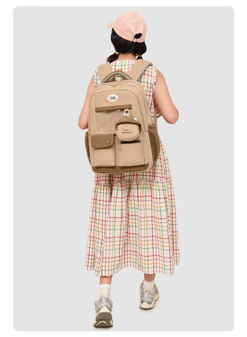 Large Capacity Brown School Backpack for Students, 16 Inch Laptop Bag with External Transparent Display Pocket & Coin Purse, Multi-Pocket Travel Rucksack - Image 2