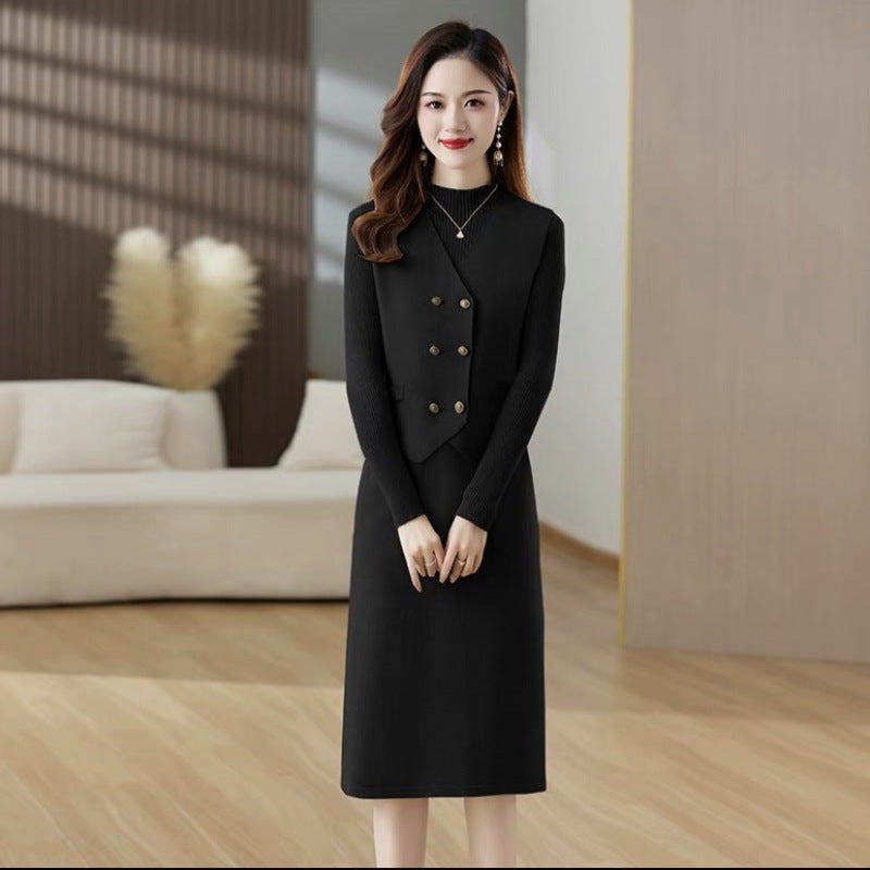 High-Quality Knitted Two-Piece Set Dress Midlife Women Autumn Winter Fashionable Inner Wear plus Size Vest Ensemble Elegant Casual Style Camel - Image 2