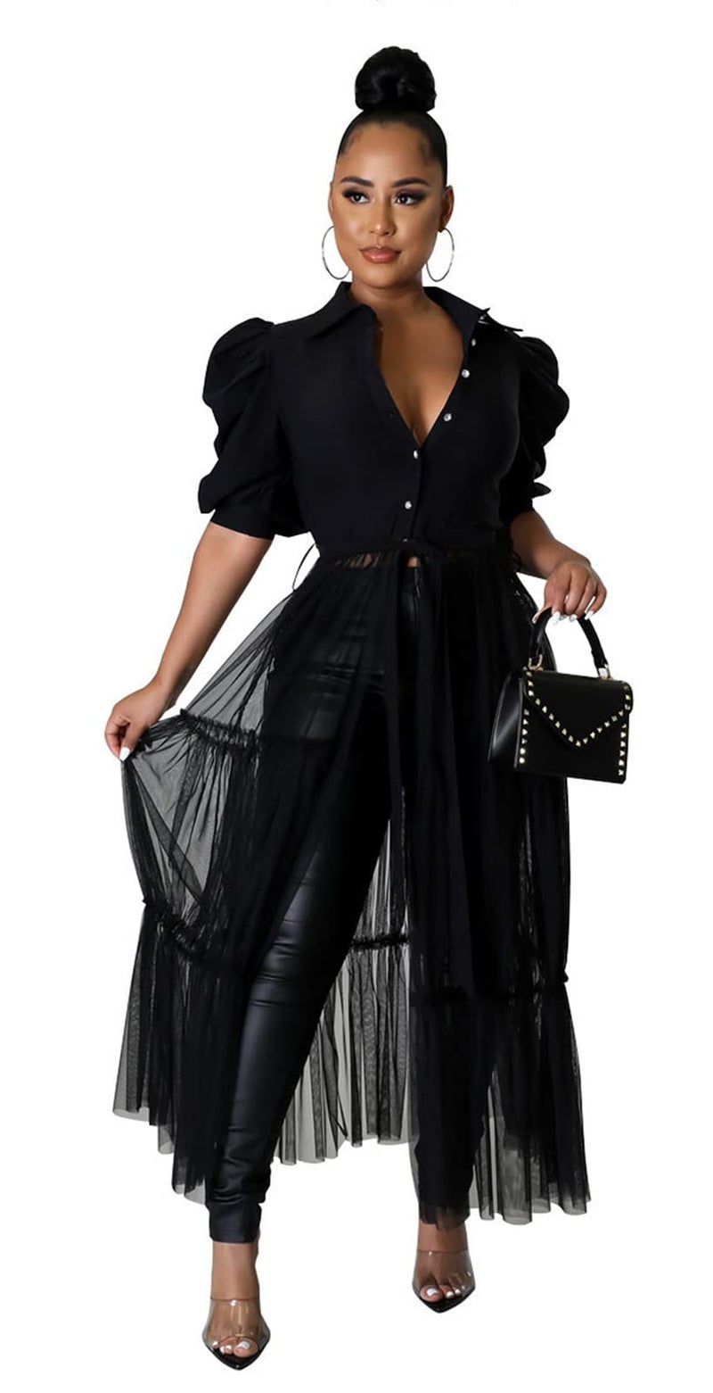 Ekaliy Plus Size High Low Tops for Women - Mesh See Through Puff Sleeve Short Sleeve Asymmetrical Tunic Shirt Dresses M Black - Image 1