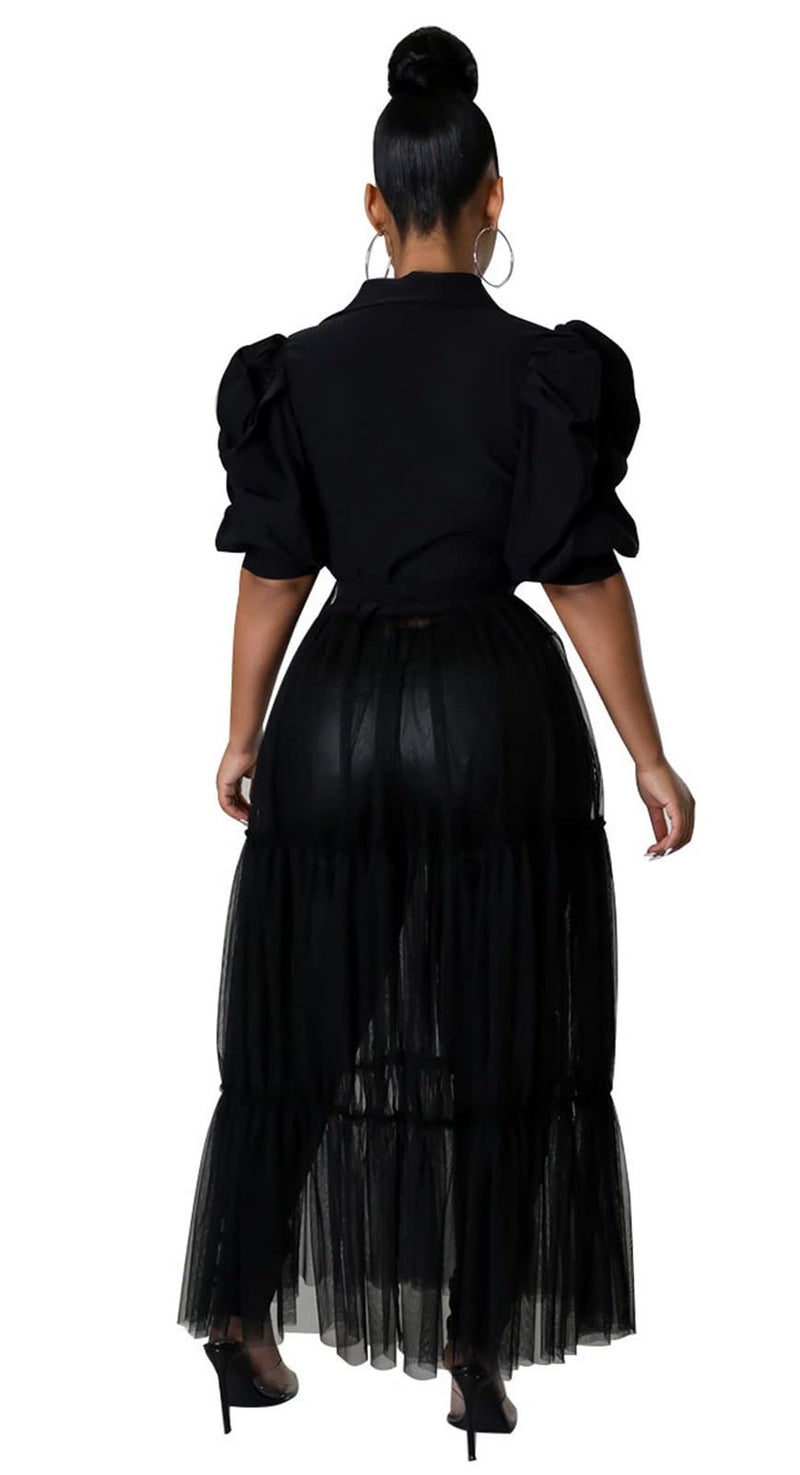 Ekaliy Plus Size High Low Tops for Women - Mesh See Through Puff Sleeve Short Sleeve Asymmetrical Tunic Shirt Dresses M Black - Image 4