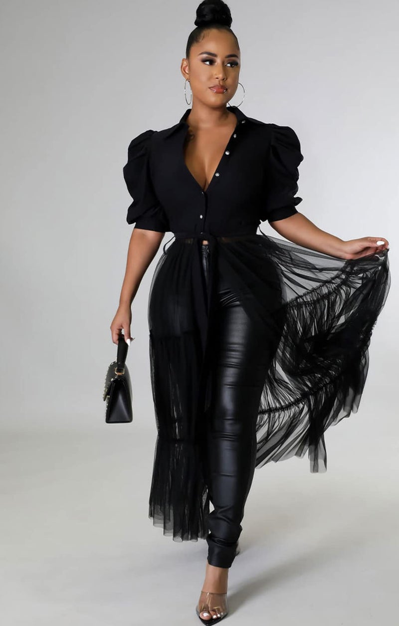 Ekaliy Plus Size High Low Tops for Women - Mesh See Through Puff Sleeve Short Sleeve Asymmetrical Tunic Shirt Dresses M Black - Image 3