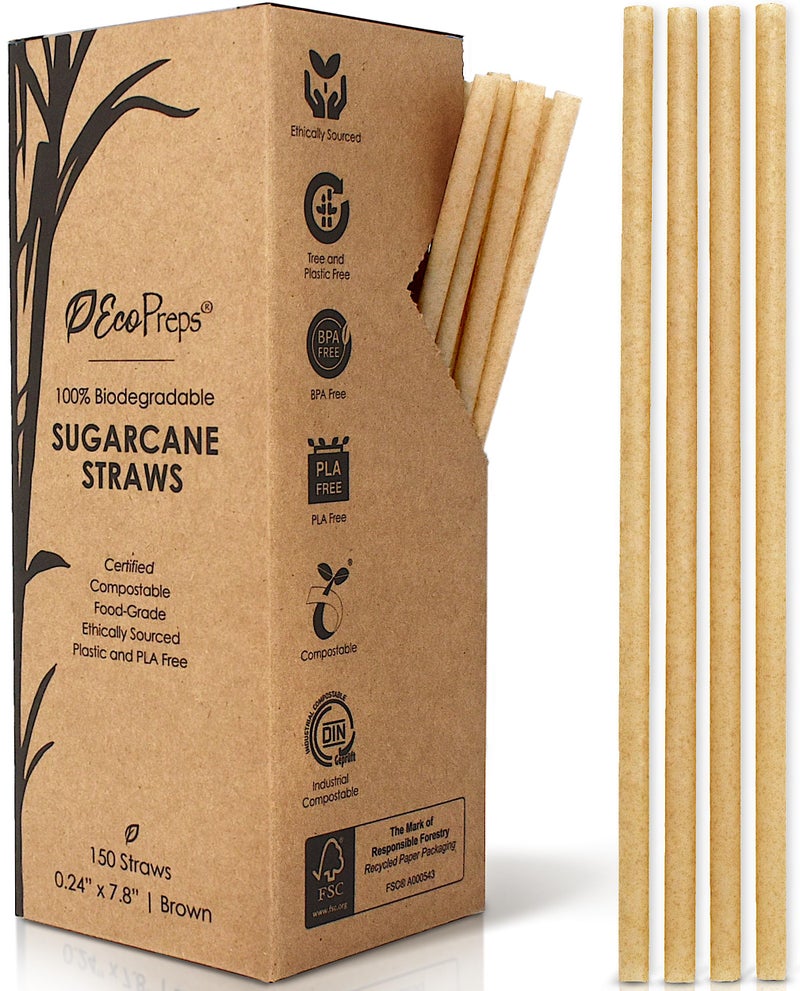 EcoPreps Biodegradable Sugarcane Straws | 150 Count  100% Compostable  Plastic-Free  & Eco-Friendly Drinking Straw | 7.8'' Sugar Fiber Disposable Straws  Smoothie Straw for Home  Restaurant  Parties - Image 1