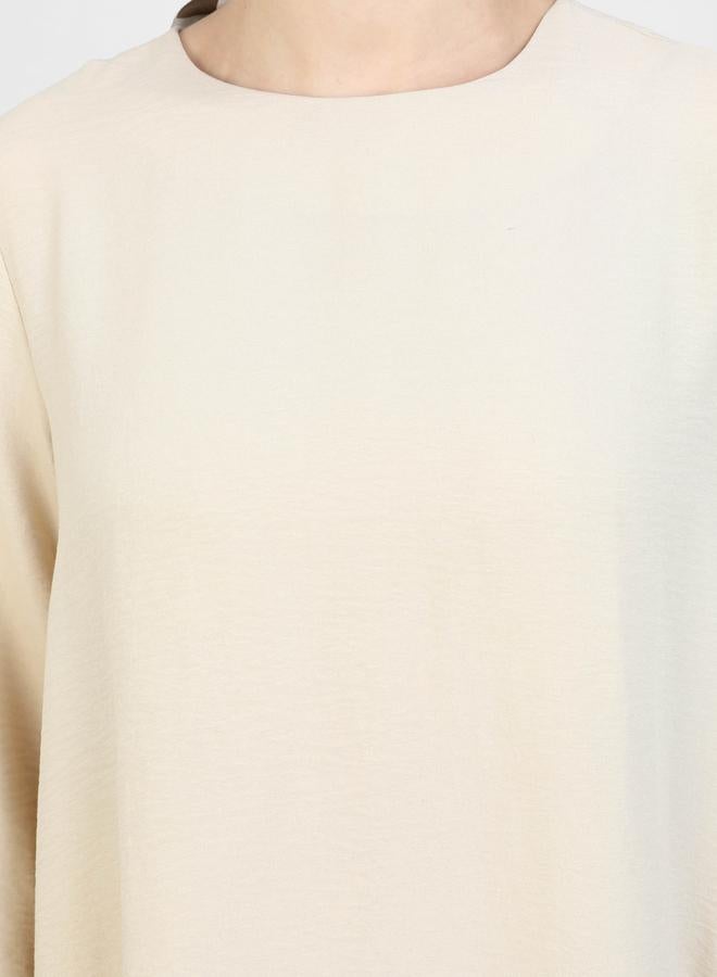 رفقة من مودانيسا طقم تونيك طويل الأكمام بيج بفتحة جانبية مع بنطلون - Image 4