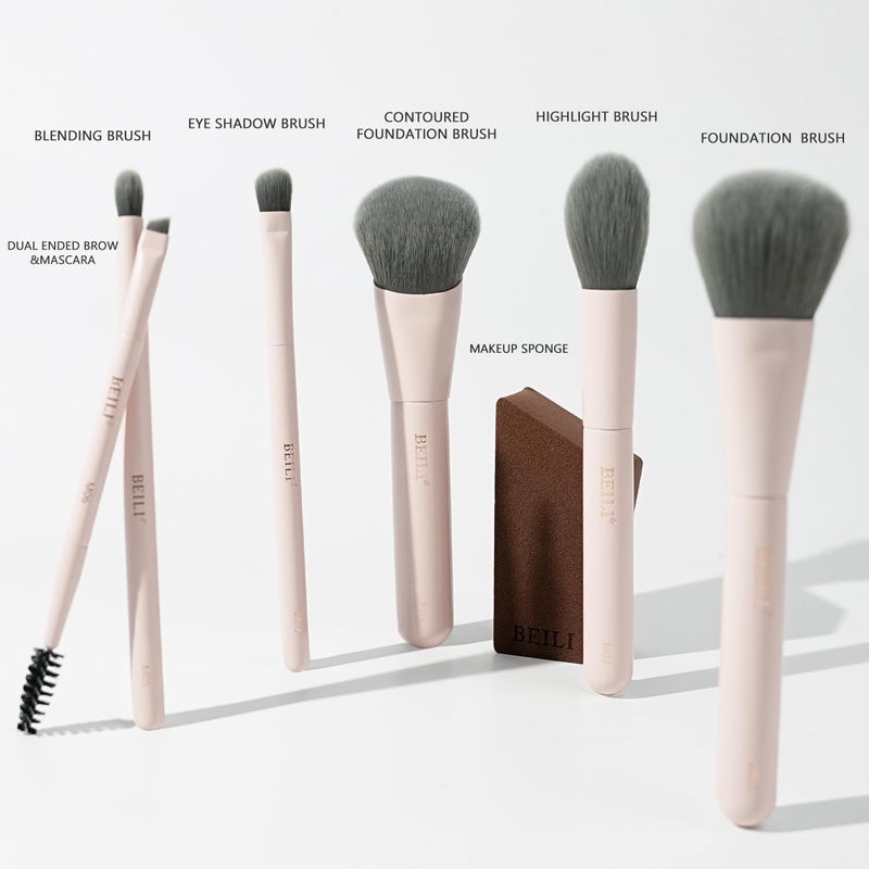 BEILI 6 Pcs Portable Travel Makeup Brush Set with Sponge Puff, Mini Soft Foundation Powder Eyeshadow Brushes, Makeup Sponge for Blending, Ideal for On-the-Go, Gift for Women - Image 2