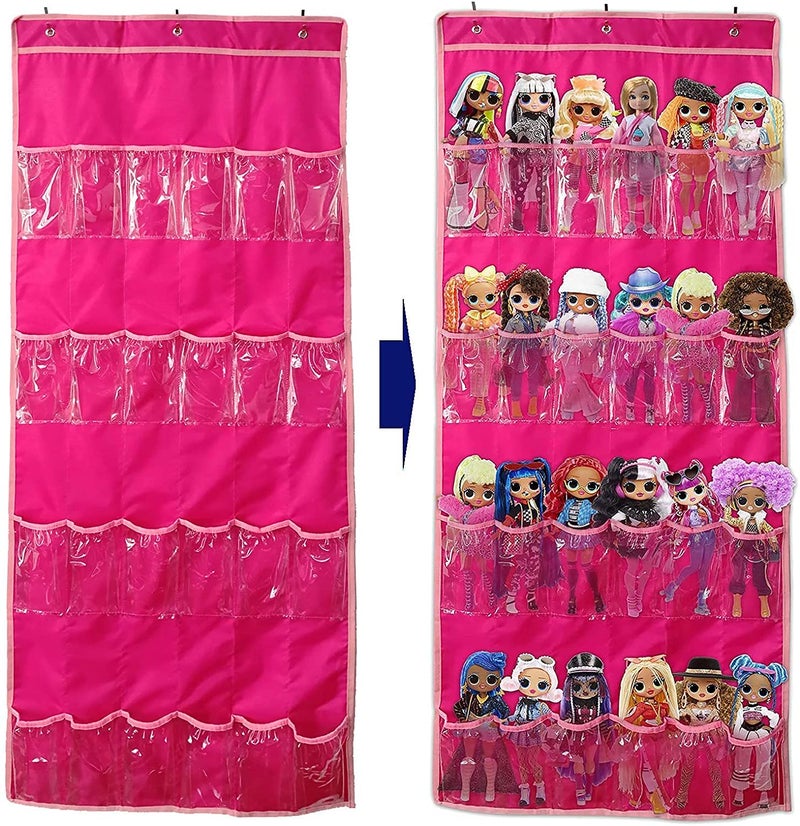 LINPOPUP Hanging Over Door Toy Storage Organizer (24 Pockets), Compatible with Lol Omg Dolls Barbie Dolls Surprise Doll (Toys Not Included), Deeppink (57.5''x22'') - Image 1