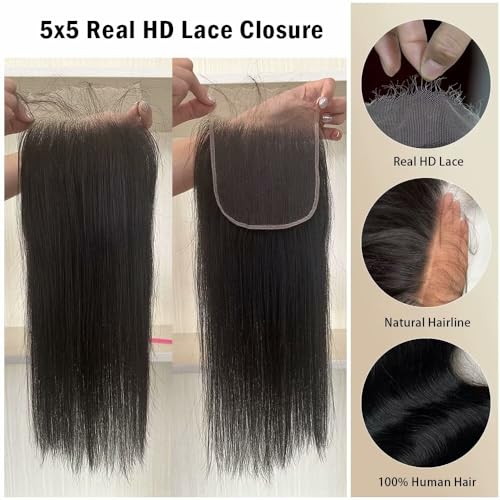 KRN 5x5 HD Lace Closure, 0.1mm Ultra-thin Invisible HD Lace Closure Tiny Single Knot Pre-Plucked with Baby Hair 12A Grade Brazilian Virgin Straight Human Hair 12 Inch - Image 4