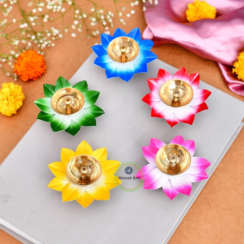 Great Art Multi Pack of 5 Lotus Kamal Diya for Puja Diwali Decoration Items Brass Diyas Oil Lamp Stand for Pooja Room Home Diwali Decorations ItemsDiwali LightsFestive Diya - Image 1