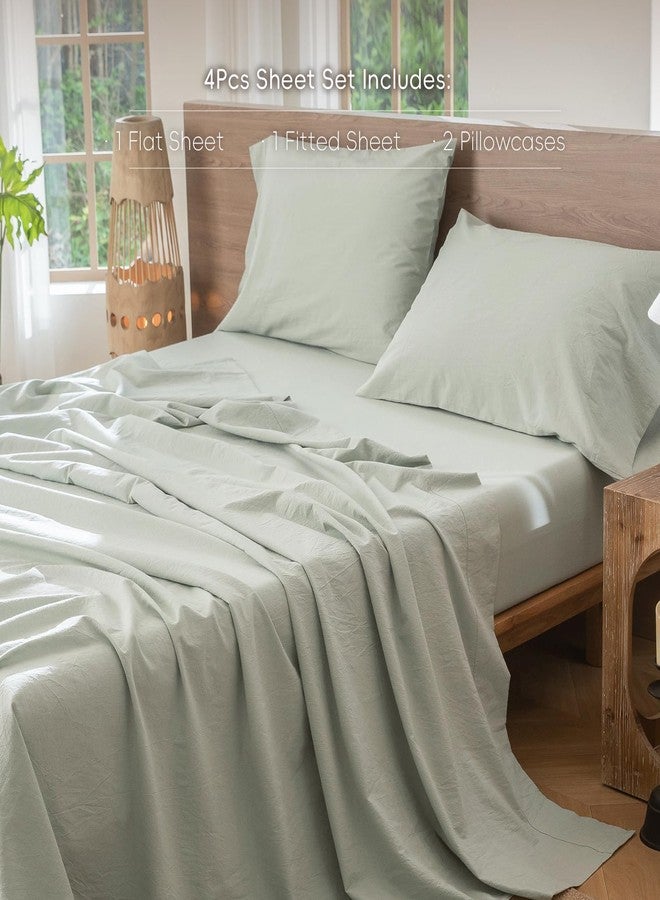 MooMee Bedding Sheet Set 100% Washed Cotton Linen Like Textured Breathable Durable Soft Comfy (Heathered Sage Green, Full) - Image 2