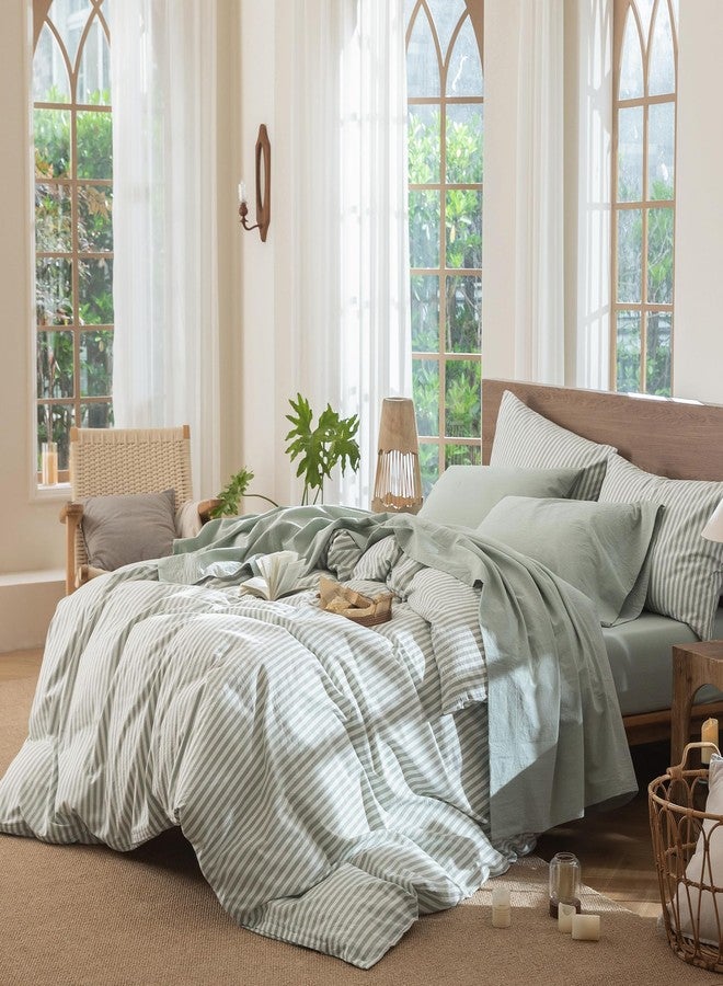 MooMee Bedding Sheet Set 100% Washed Cotton Linen Like Textured Breathable Durable Soft Comfy (Heathered Sage Green, Full) - Image 3