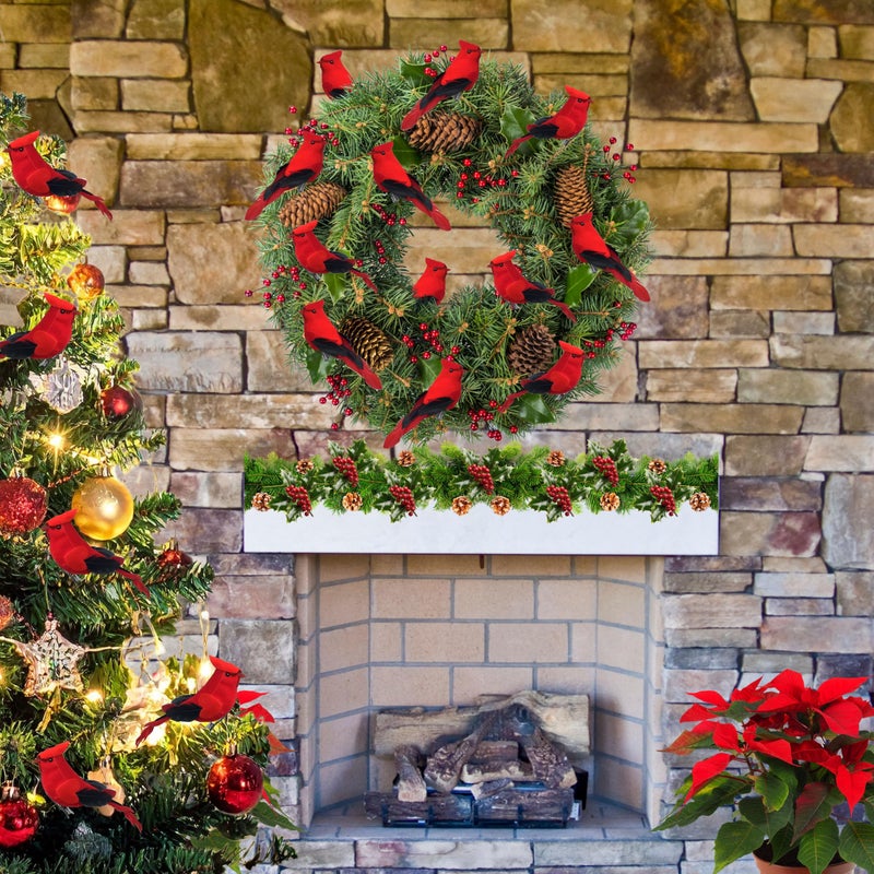 BANBERRY DESIGNS Cardinal Ornaments - Clip On Christmas Tree Decorations - Red Flocked Body & Feathered Wings & Tail - Set of 12 - Each is 5" Long - Image 2