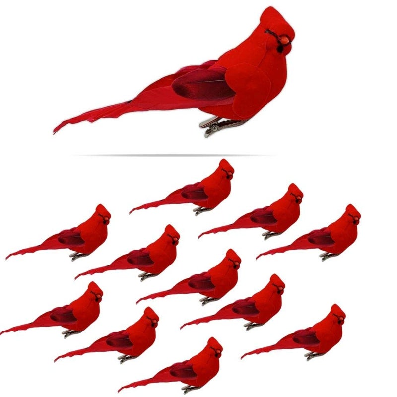 BANBERRY DESIGNS Cardinal Ornaments - Clip On Christmas Tree Decorations - Red Flocked Body & Feathered Wings & Tail - Set of 12 - Each is 5" Long - Image 1