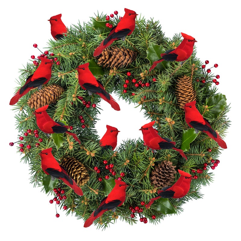 BANBERRY DESIGNS Cardinal Ornaments - Clip On Christmas Tree Decorations - Red Flocked Body & Feathered Wings & Tail - Set of 12 - Each is 5" Long - Image 4