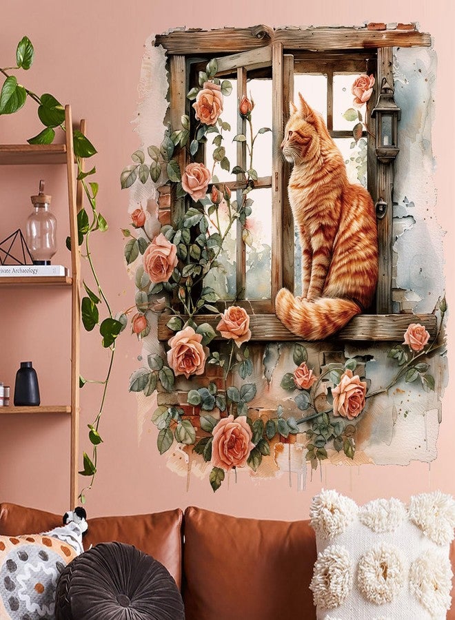 RAINBOW WSK Flower Fake Window Wall Sticker Cute Cat Floral Wall Decals Peel and Stick Vintage Peony Rose Faux Window Decor Kawaii Kitten Decal for Kids Girls Room Bedroom Living Room ZDB34 - Image 5