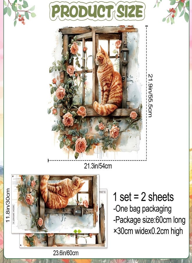 RAINBOW WSK Flower Fake Window Wall Sticker Cute Cat Floral Wall Decals Peel and Stick Vintage Peony Rose Faux Window Decor Kawaii Kitten Decal for Kids Girls Room Bedroom Living Room ZDB34 - Image 3
