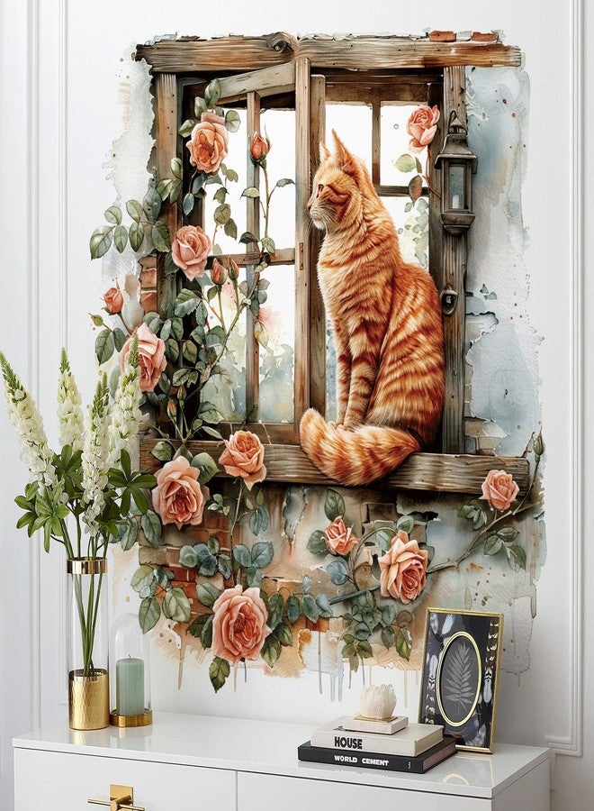 RAINBOW WSK Flower Fake Window Wall Sticker Cute Cat Floral Wall Decals Peel and Stick Vintage Peony Rose Faux Window Decor Kawaii Kitten Decal for Kids Girls Room Bedroom Living Room ZDB34 - Image 2