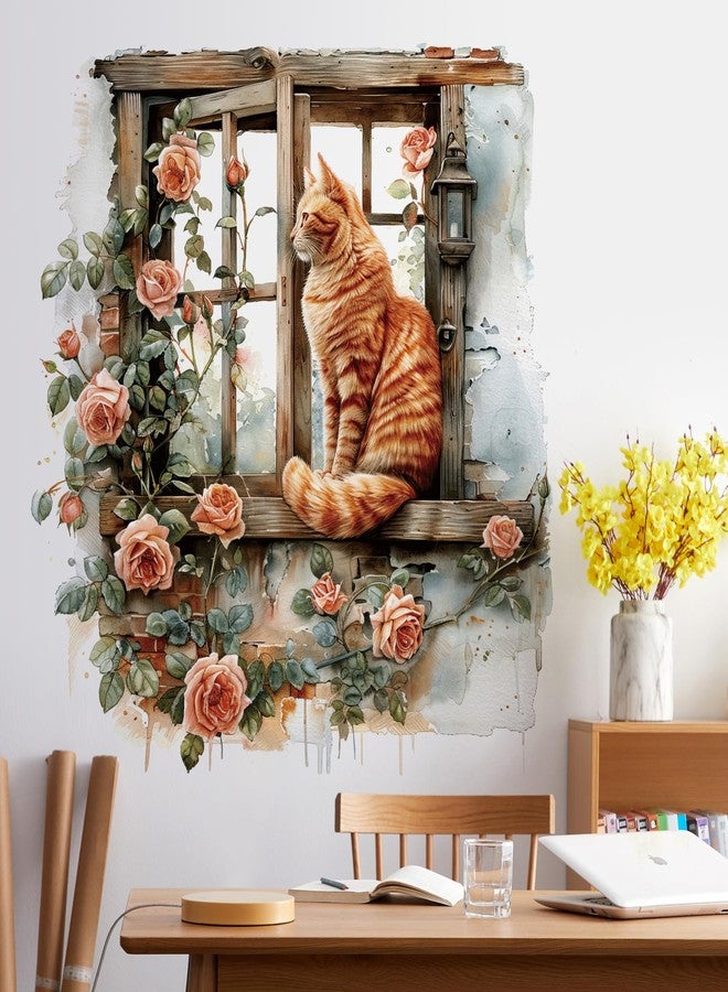 RAINBOW WSK Flower Fake Window Wall Sticker Cute Cat Floral Wall Decals Peel and Stick Vintage Peony Rose Faux Window Decor Kawaii Kitten Decal for Kids Girls Room Bedroom Living Room ZDB34 - Image 1
