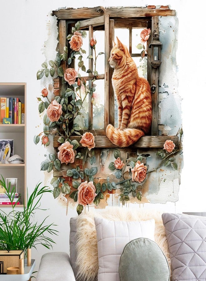 RAINBOW WSK Flower Fake Window Wall Sticker Cute Cat Floral Wall Decals Peel and Stick Vintage Peony Rose Faux Window Decor Kawaii Kitten Decal for Kids Girls Room Bedroom Living Room ZDB34 - Image 4