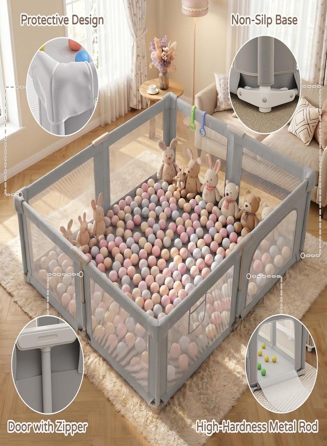 Seeday Baby Playpen, 73" x 61" Large Foldable Playpen with Mat for Babies and Toddlers, Play Pen with Soft Breathable Mesh, Ocean Balls and Pull Links, Baby Playard for Indoor & Outdoor, Gray - Image 4