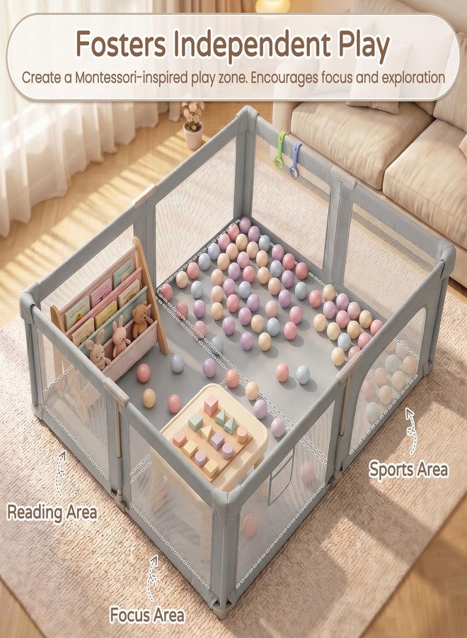 Seeday Baby Playpen, 73" x 61" Large Foldable Playpen with Mat for Babies and Toddlers, Play Pen with Soft Breathable Mesh, Ocean Balls and Pull Links, Baby Playard for Indoor & Outdoor, Gray - Image 3