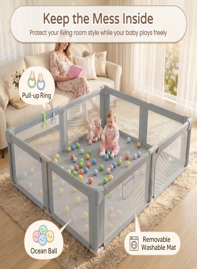 Seeday Baby Playpen, 73" x 61" Large Foldable Playpen with Mat for Babies and Toddlers, Play Pen with Soft Breathable Mesh, Ocean Balls and Pull Links, Baby Playard for Indoor & Outdoor, Gray - Image 2