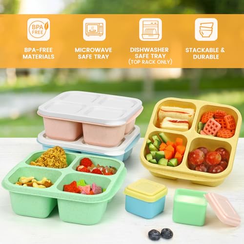 Caperci Lunchable Snack Containers - 4 Compartments Bento Snack Boxes (4 Pack) with 2 Leakproof Sauce Cups, Reusable Divided Food Containers for School, Work, Travel (Vintage Colors) - Image 4