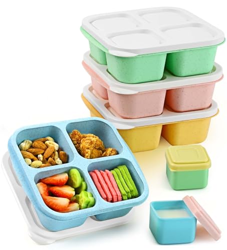 Caperci Lunchable Snack Containers - 4 Compartments Bento Snack Boxes (4 Pack) with 2 Leakproof Sauce Cups, Reusable Divided Food Containers for School, Work, Travel (Vintage Colors) - Image 1