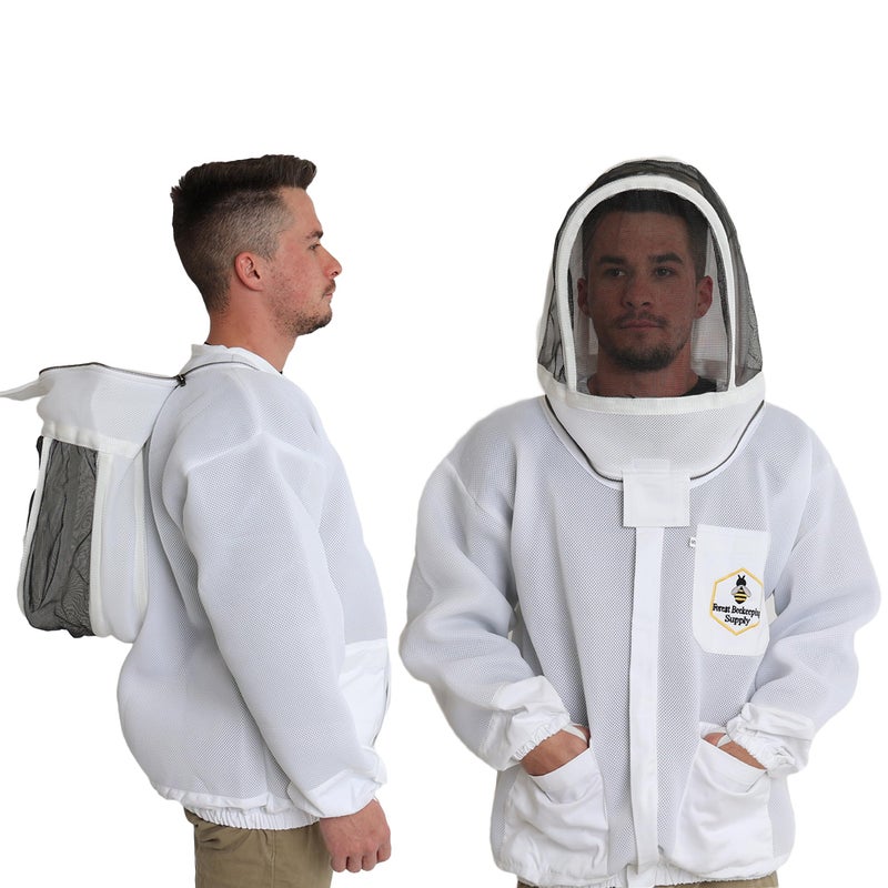 FOREST BEEKEEPING SUPPLY - Ventilated Bee Jacket with Fencing Veil Hood - Ultra Light Air Mesh Beekeeper Jacket (Large)