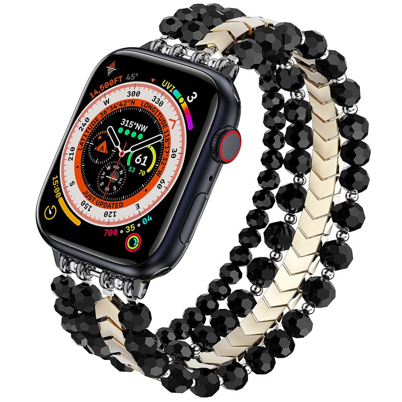 MOFREE Beaded Bracelet Compatible with Apple Watch Band 38mm/40mm/41mm/42mm, Fashion Elastic Stretch Women Bands for iWatch Series 11/10/9/8/7/SE/6/5/4/3/2/1 iPhone Watch Strap Bands (Black/Gold) - Image 1