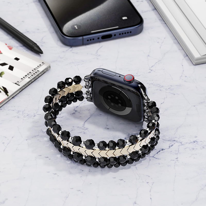 MOFREE Beaded Bracelet Compatible with Apple Watch Band 38mm/40mm/41mm/42mm, Fashion Elastic Stretch Women Bands for iWatch Series 11/10/9/8/7/SE/6/5/4/3/2/1 iPhone Watch Strap Bands (Black/Gold) - Image 2