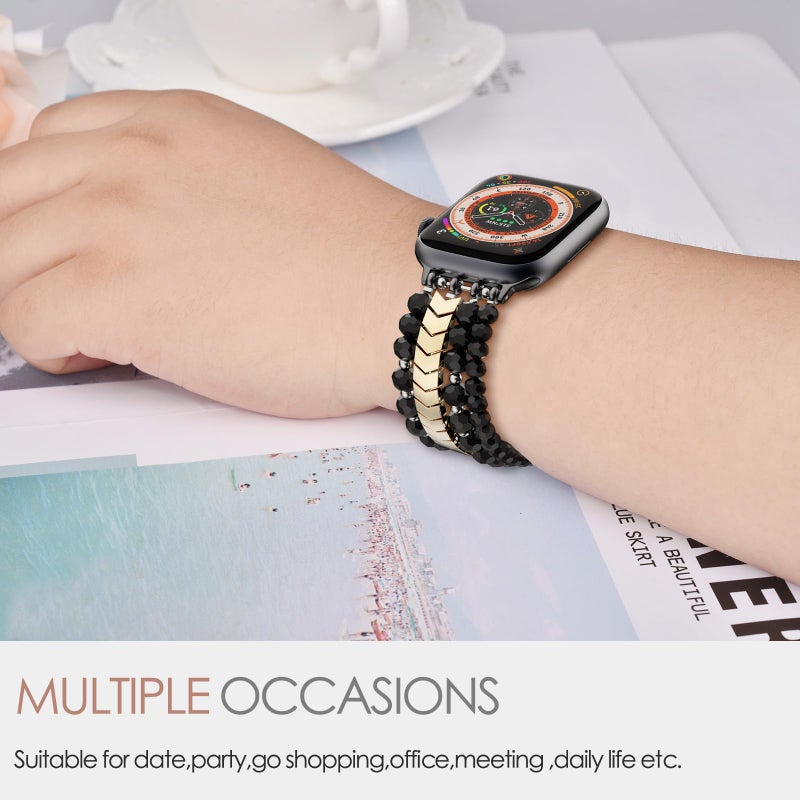MOFREE Beaded Bracelet Compatible with Apple Watch Band 38mm/40mm/41mm/42mm, Fashion Elastic Stretch Women Bands for iWatch Series 11/10/9/8/7/SE/6/5/4/3/2/1 iPhone Watch Strap Bands (Black/Gold) - Image 4