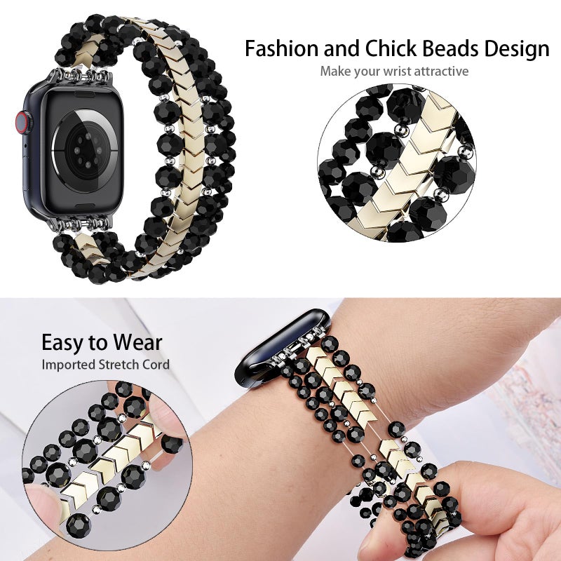 MOFREE Beaded Bracelet Compatible with Apple Watch Band 38mm/40mm/41mm/42mm, Fashion Elastic Stretch Women Bands for iWatch Series 11/10/9/8/7/SE/6/5/4/3/2/1 iPhone Watch Strap Bands (Black/Gold) - Image 3
