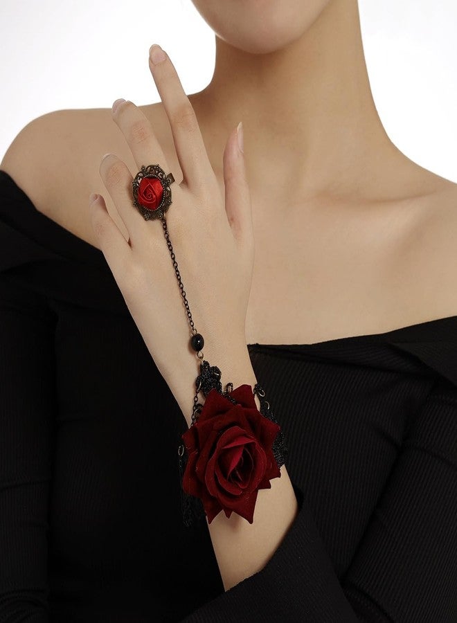 Izpack Red Rose Flower Lace Bracelet with Fabric Floral Slave Finger Ring for Women Chain Tassel Adjustable Bracelets Hand Hardness Rings Vintage Gothic Vampire Jewelry Gifts - Image 2